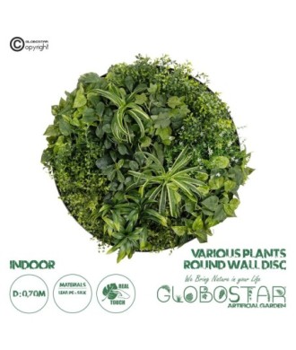GloboStar® Artificial Garden VARIOUS PLANTS ROUND WALL DISC 20689 Τεχνητό Διακοσμητικό Στρογγυλό Πάνελ Φυλλωσιάς - Κάθετος Κήπος Μιξ Μ70 x Π70 x Υ15cm